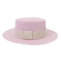 Details of the pink straw flat top sun hat featuring a beige woven band and breathable weave. - 58cm / Light Pink