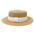 Details of the flat top straw hat featuring a stylish woven band for summer outdoor use. - 58cm / Khaki