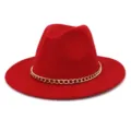 Red wool felt fedora hat with gold chain, autumn winter wide brim jazz hat for women men - 58cm / Red