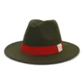 Chapeau fedora classique en feutre vert olive avec ruban rouge et détail blanc pour adultes - 58cm / Vert Militaire
