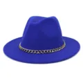 Chapeau fedora en laine bleu élégant avec chaîne dorée pour hommes et femmes hiver. - 58cm / Bleu Saphir