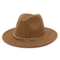 Detailed view of brown woolen fedora hat, featuring elegant gold metal chain trim close up. - 58cm / Khaki
