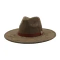 Detail view of the brown suede fedora hat, highlighting the faux leather band and metal buckle. - M (56-58cm) / Dark Army Green