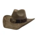 Vista detallada del sombrero de vaquero occidental de ante marrón con hebilla de cabeza de toro. - Verde Militar