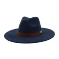 Detailed view of the dark blue suede wide-brim fedora hat with brown leather band. - M (56-58cm) / Navy Blue