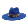Exquisite detail of blue suede fedora hat featuring ethnic embroidery band and metal gem buckle. - 58cm / Sapphire Blue