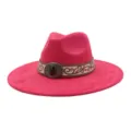 Pink suede fedora hat wide brim jazz cap with embroidered band and vintage buckle for women - 58cm / Rose Red