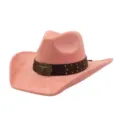 Sombrero de vaquero occidental de ante rosa con tira de hebilla marrón, fedora de ala ancha. - Cuarzo Rosa