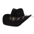 Close-up of black faux suede western cowboy hat with ethnic patterned band and turquoise flower buckle. - Black
