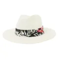 Strohhut Detail: weißer geflochtener Fedora mit tropischem Blattband für den Sommer Strand Sonnenschutz. - 58cm / Creme