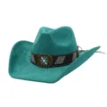 Retro suede western cowboy hat wide brim jazz cap with ethnic flower metal buckle for autumn. - Peacock Light Blue