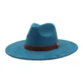 Blue suede fedora hat detail, showing soft texture, brown leather belt and metal buckle. - M (56-58cm) / Peacock Dark Blue