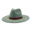 Closeup of the wide brim suede fedora hat detail featuring brown leather belt and metal buckle. - M (56-58cm) / Olive Green