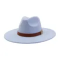 Detail view of light blue suede wide brim fedora hat with brown leather belt and metal buckle. - M (56-58cm) / Sky Blue
