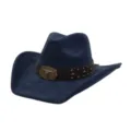 Detailed close-up view of dark blue suede western cowboy hat featuring bull skull metal buckle. - Navy Blue