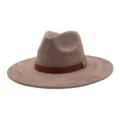 Detailed view of wide brim suede fedora hat with brown leather belt and metal buckle. - M (56-58cm) / Dusty Pink