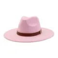Pink fedora hat detail, wide brim design with brown leather belt and metal buckle accent. - M (56-58cm) / Sakura Pink