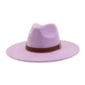 Close-up detail of the light purple faux suede fedora hat featuring a brown belt and metal loop. - M (56-58cm) / Light Purple