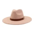 Close up of a chic beige wide brim fedora hat with brown leather band and metal buckle. - M (56-58cm) / Champagne