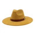Detailed view of yellow suede fedora hat, featuring brown leather band and stylish metal buckle. - M (56-58cm) / Turmeric