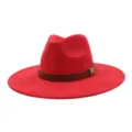 Close-up detail of a vibrant red suede fedora hat featuring a stylish brown leather belt and metal. - M (56-58cm) / Red