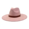 Pink suede wide brim fedora hat detail view showing brown leather belt and metal decoration. - M (56-58cm) / Pink