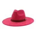 Detail shot of the pink suede fedora hat, featuring brown leather band and metal trim. - M (56-58cm) / Plum Red
