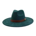 Dark green suede fedora hat detail, wide brim gentleman hat with brown leather belt - M (56-58cm) / Dark Green