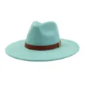 Turquoise suede fedora hat detail, elegant brown belt with metallic buckle, stylish wide brim design. - M (56-58cm) / Mint Green
