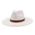 White felt fedora hat with brown leather belt and metal buckle for men and women stylish. - M (56-58cm) / Milky White