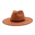 Close-up detail of the stylish suede fedora hat with wide brim and elegant belt accent. - M (56-58cm) / Caramel color
