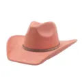 Pink suede cowboy hat detail with sparkling rhinestone band, stylish wide brim design. - Rose Quartz
