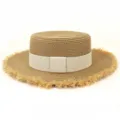 Schicker Damen Strohhut mit ausgefranster breiter Krempe für perfekten Sonnenschutz. - M (56-58cm) / Beige