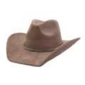 Brown suede cowboy hat detail, featuring a sparkling rhinestone band and wide brim design. - Dusty Pink