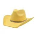 Close-up of the elegant rhinestone band and soft suede texture on the yellow cowboy hat. - Bright yellow
