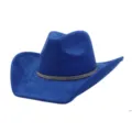 Blue suede cowboy hat with rhinestone band wide brim jazz fedora hat for women men autumn winter - Sapphire Blue