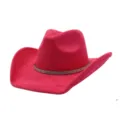 Pink suede cowboy hat detail, wide brim fedora with sparkling rhinestone band, western style. - Rose Red