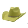 Detailed closeup of the green faux suede cowboy hat showing the sparkling rhinestone band. - Avocado Green