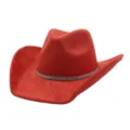 Detailed close-up of red faux suede western cowboy hat with sparkling rhinestone hat band. - Rust red