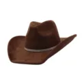 Close-up detail showing the brown suede cowboy hat and sparkling rhinestone decorative band. - Coffee