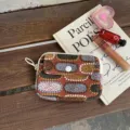 Embroidered coin purse card holder canvas zipper wallet vintage aesthetic small pouch - Brick Red Oval