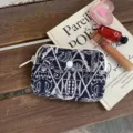 Embroidered canvas coin purse card holder, compact dual-layer storage bag for daily essentials. - Dark Blue Symphony