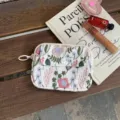 Petit porte-monnaie en toile brodée, mini étui à cartes zippé avec poche à rabat et bouton-pression. - Floral Blanc