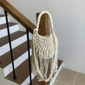Borsa a tracolla con nappe intrecciate, elegante borsa casual estiva per la spiaggia. - Con Borsa Interna e Tracolla / Bianco