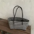 Schwarz-weiße geflochtene Tasche große Kapazität Handtasche Einkaufskorb Strandtasche - Schwarz-Weißes Gitter-Stil / Schwarz Weiß