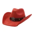 Red suede cowboy hat with brown leather band and metal star badge detail for autumn winter. - 58cm / Rust red