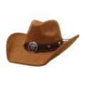 Brown suede wide brim cowboy hat for autumn and winter, retro western jazz hat with metal badge. - 58cm / Khaki