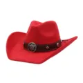 Red faux suede western cowboy hat detail with brown leather band and metallic badge decoration. - 58cm / Red