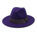 Purple wool fedora hat with black gold patterned band wide brim jazz hat for men and women - Purple