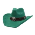 Close-up detail of the green suede cowboy hat featuring metal buckle and studded band. - 58cm / Green